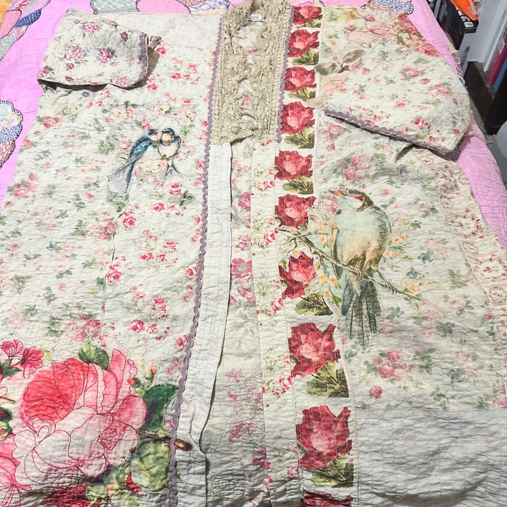 Magnolia Pearl jacket with birds and beautiful antique lace along collar